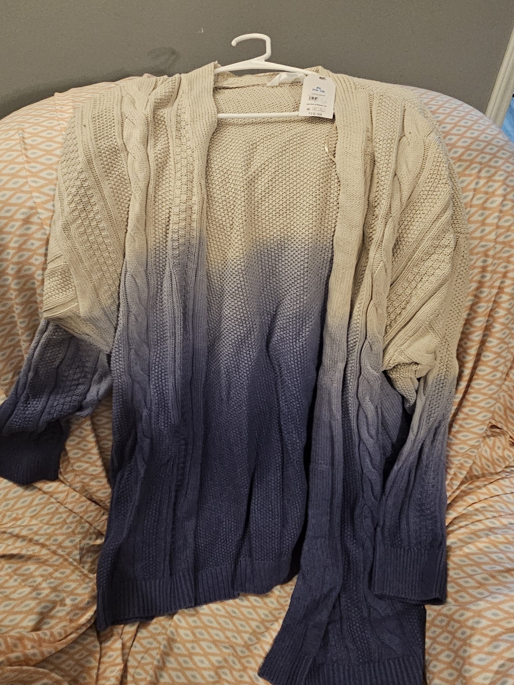 Time and Tru Cream to Blue Ombre Cable Knit Open-Front Cardigan